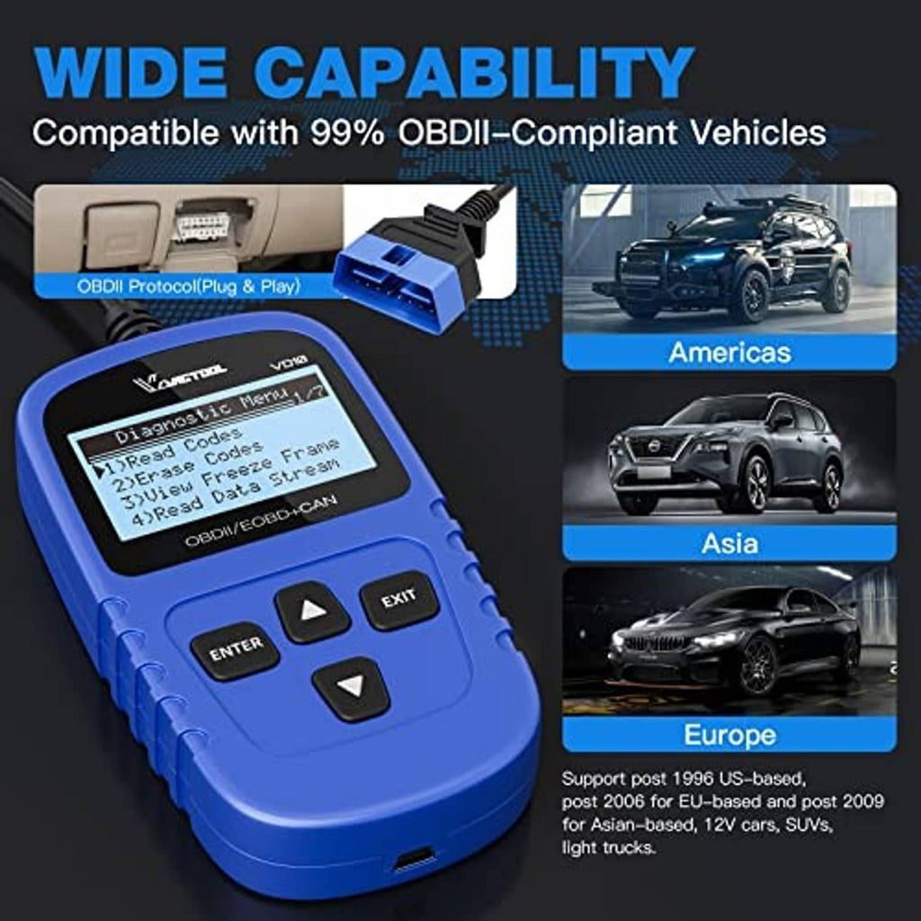 Blue OBD2 diagnostic scanner with LCD screen and four-button keypad