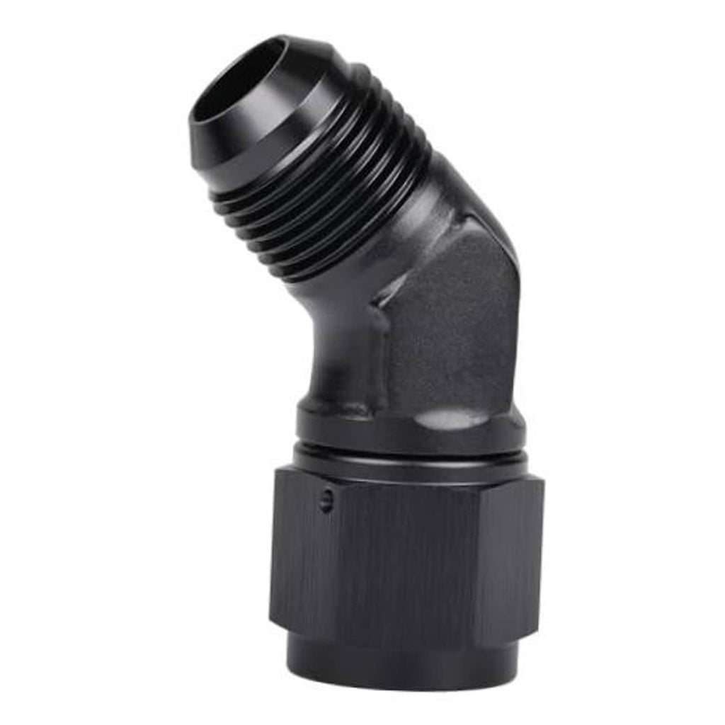 Black 45-degree AN flare swivel elbow fitting, 10AN, female-to-male port, close-up