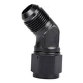 Black 45-degree AN flare swivel elbow fitting, 10AN, female-to-male port, close-up