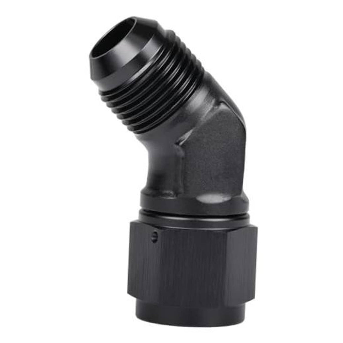 Black 45-degree AN flare swivel elbow fitting, 10AN, female-to-male port, close-up