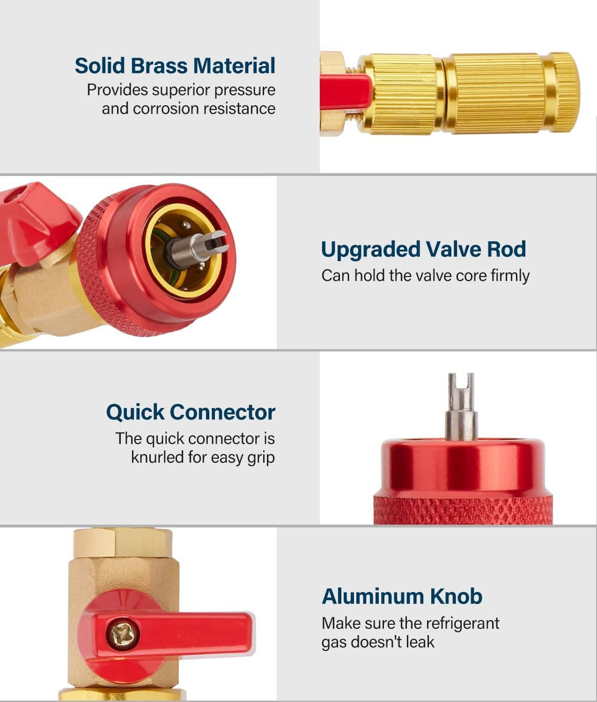 Brass valve core remover with red knob, knurled grip, and quick connector detail