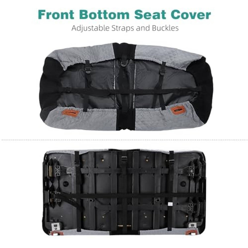 Gray front bottom seat cover with adjustable straps and buckles underside