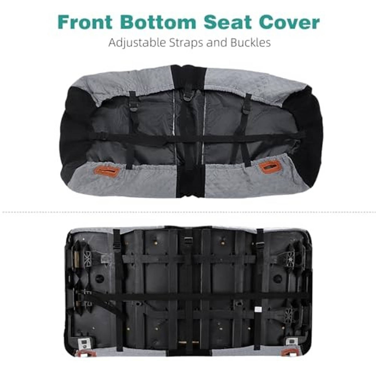 Gray front bottom seat cover with adjustable straps and buckles underside