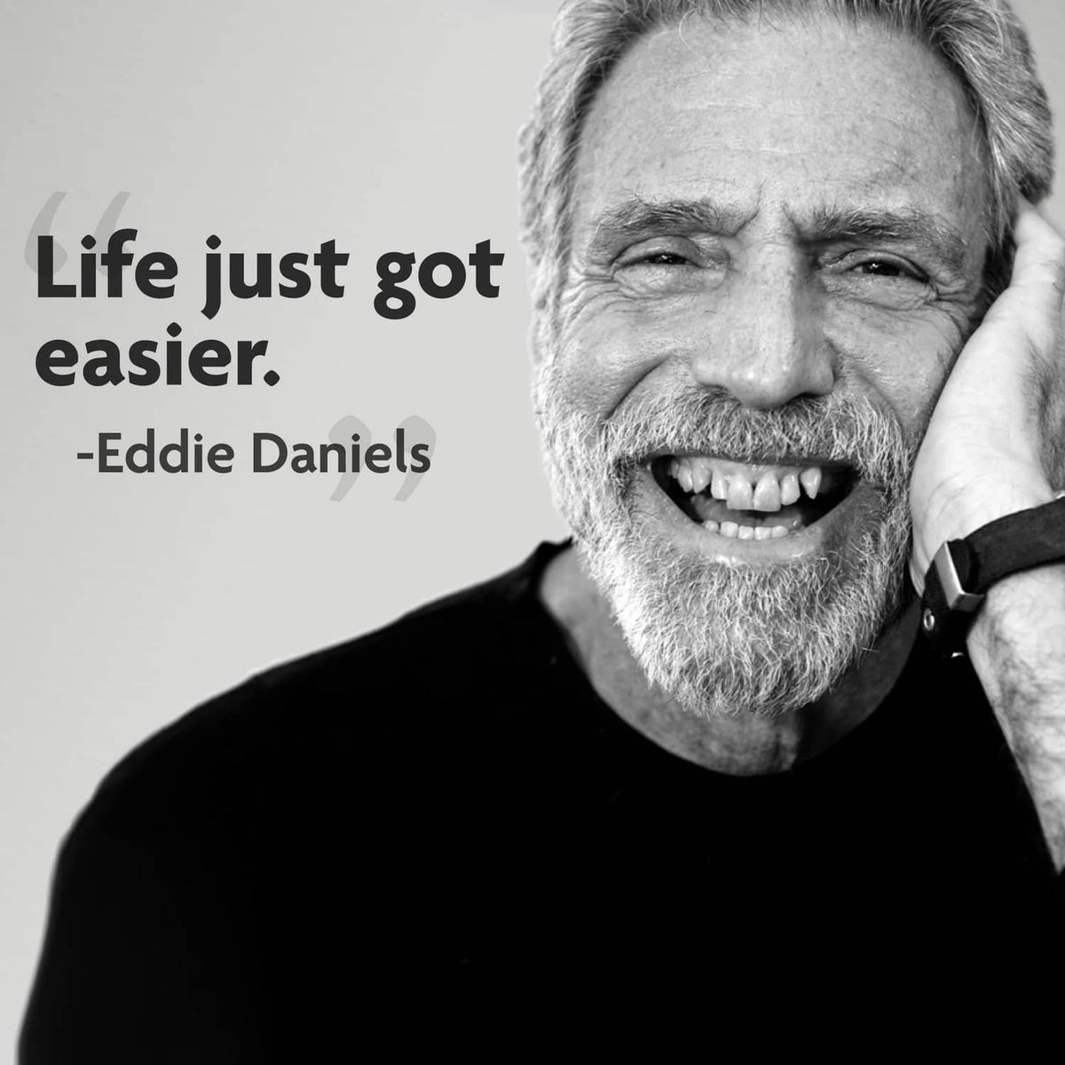 Black-and-white musician portrait wearing dark shirt, hand near ear, promotional reed ad