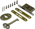 Antique bronze full-mortise cabinet lock set with key, strike plate, and mounting screws