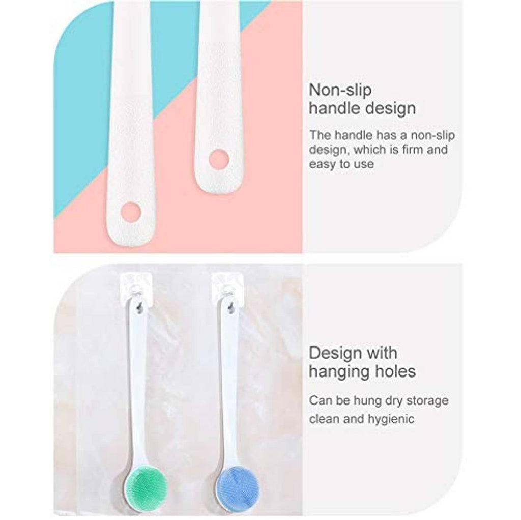 Silicone shower scrubbers set with hanging holes, blue and green heads, non-slip handles.