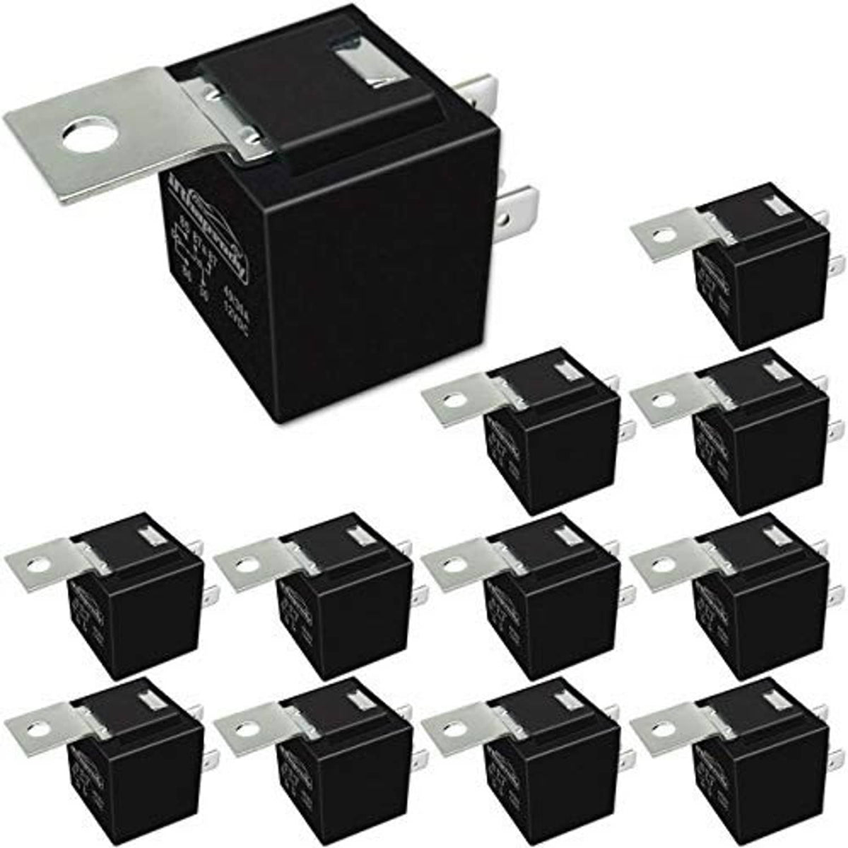 Automotive relay kit: multiple black SPDT five-pin relays with metal mounting tabs