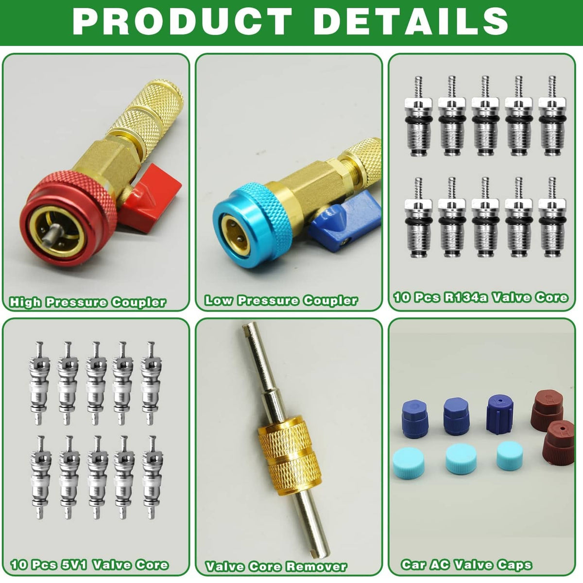 R134A valve core remover kit with high/low pressure couplers, remover tool, and valve cores