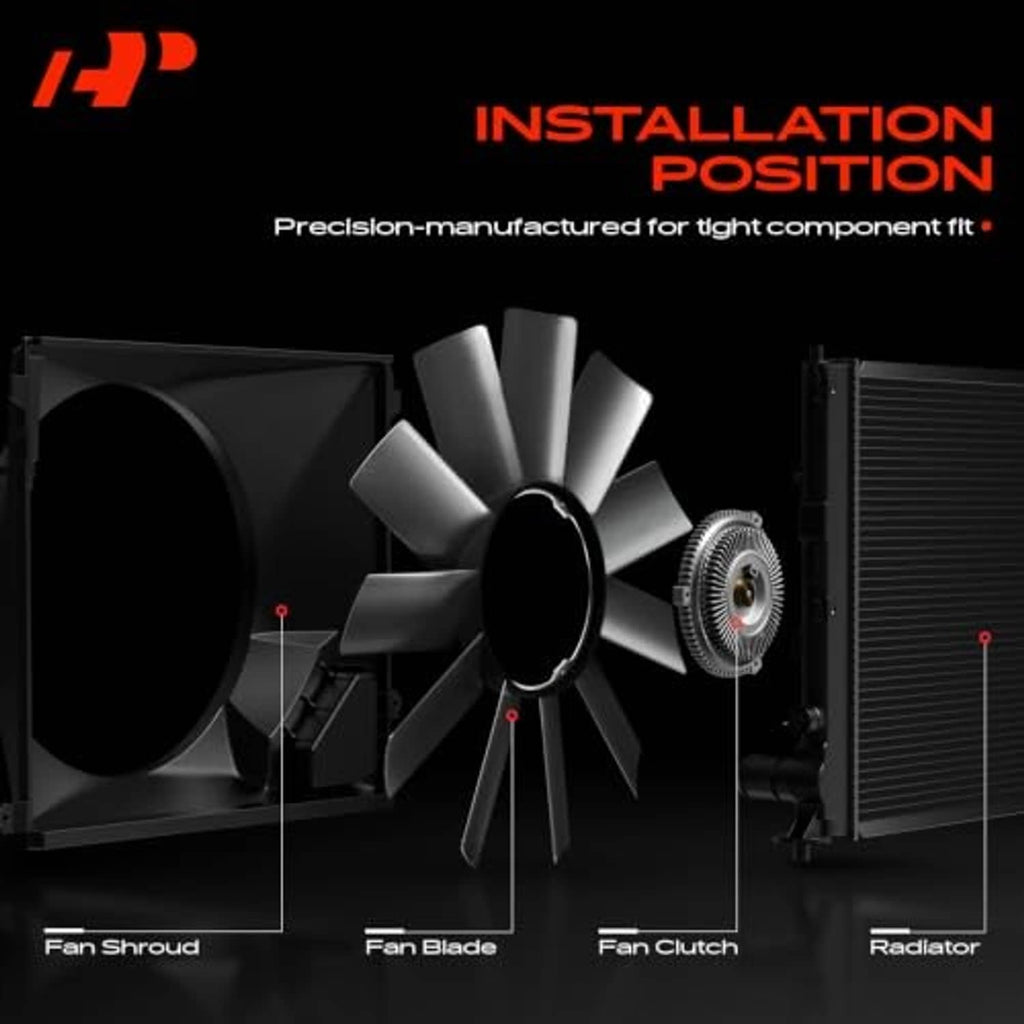Radiator fan blade and shroud assembly with five blades mounted to hub