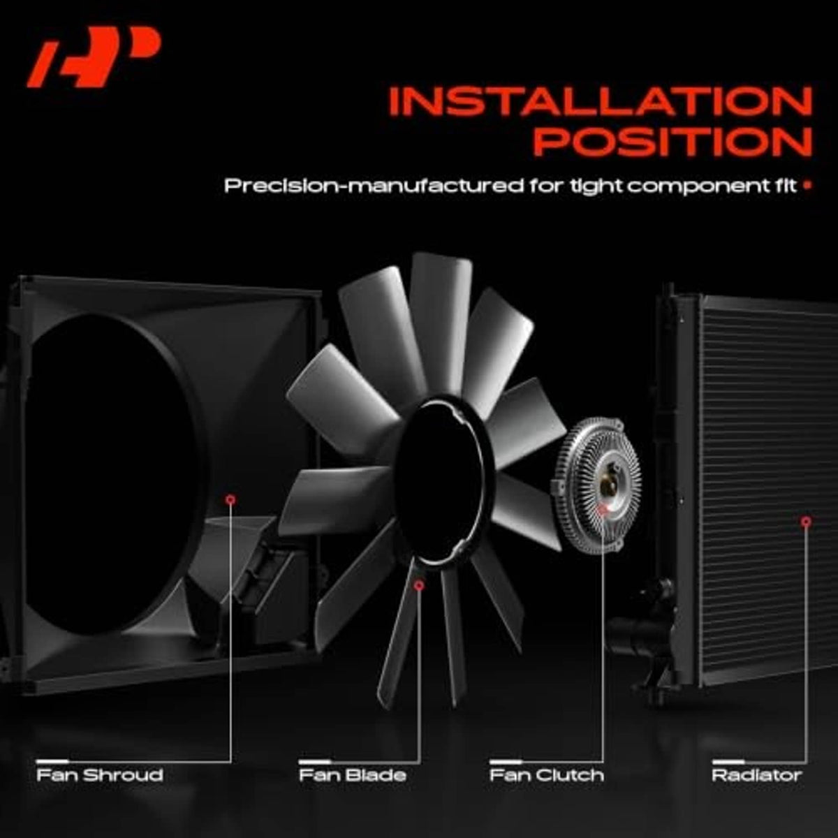 Radiator fan blade and shroud assembly with five blades mounted to hub