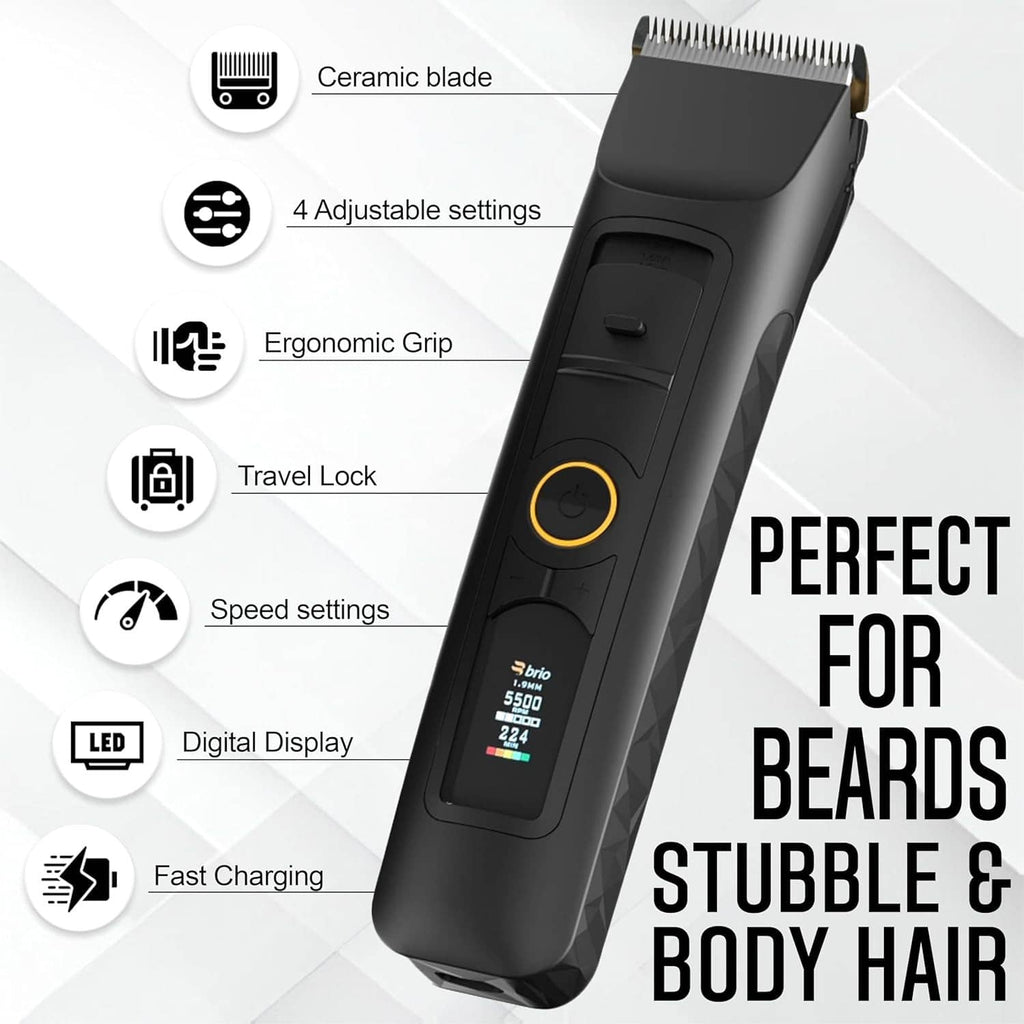 Cordless black beard trimmer with ceramic blade, adjustable settings, and ergonomic grip