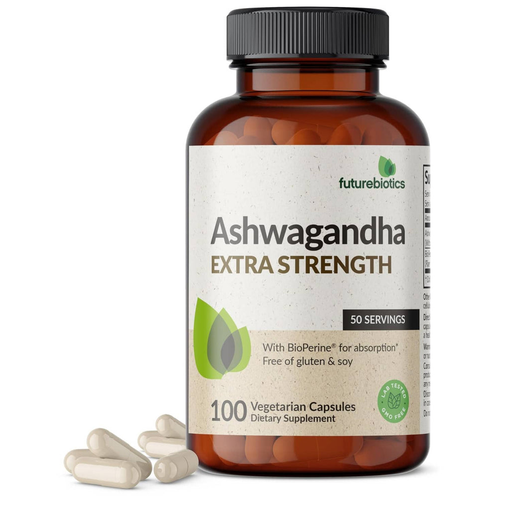 Ashwagandha extra strength supplement bottle with black cap and 100 vegetarian capsules