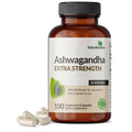 Ashwagandha extra strength supplement bottle with black cap and 100 vegetarian capsules