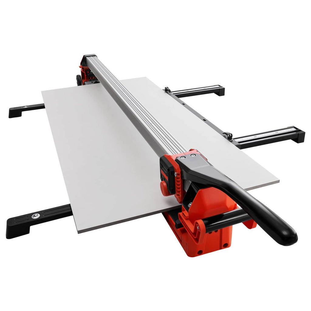 Manual tile cutter with orange base, black handle, and sliding cutting head over tile