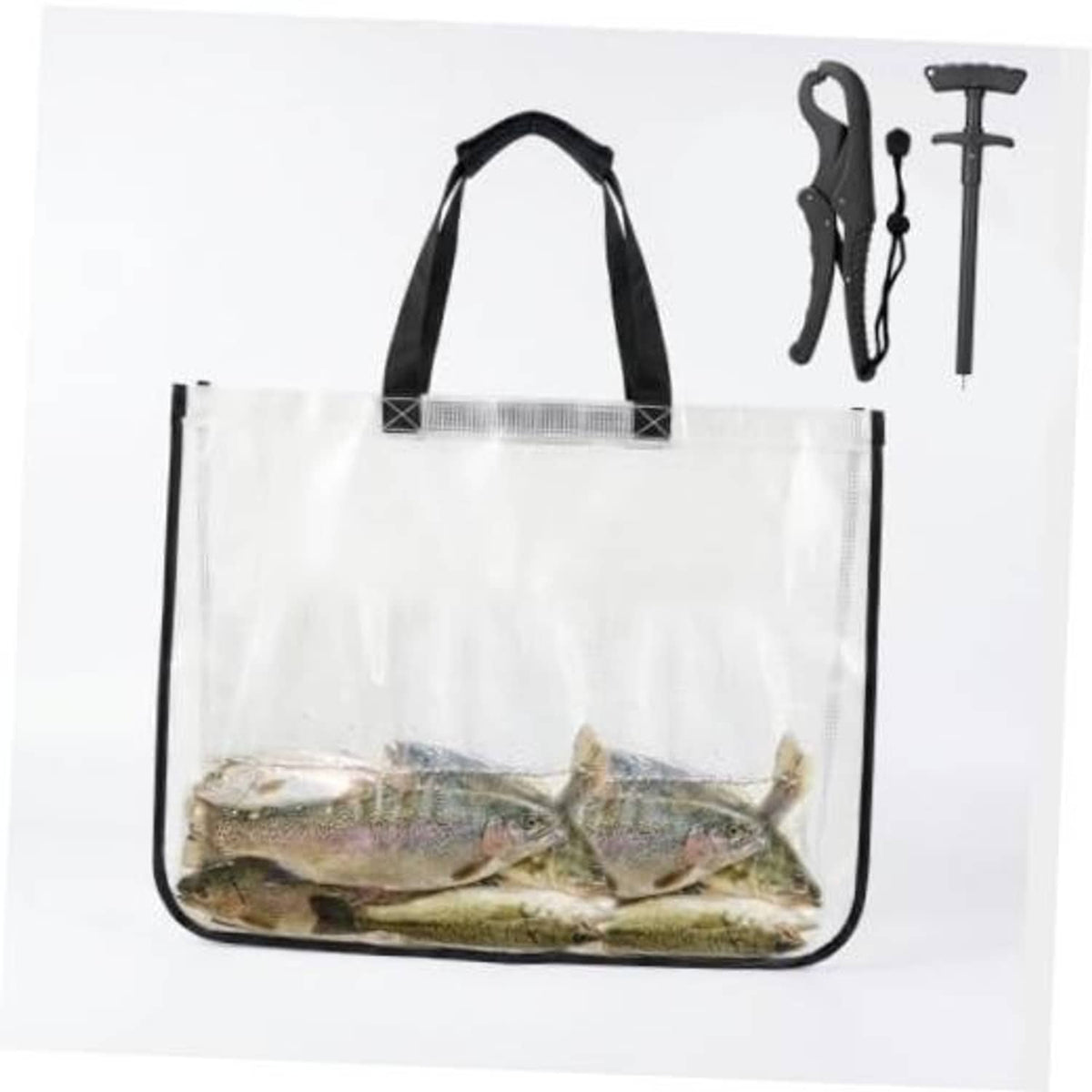 Transparent white fish tote bag with black handles, holding several fish.