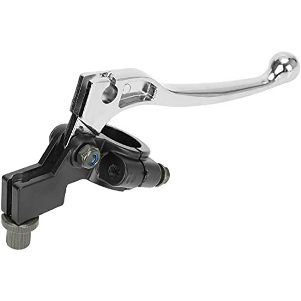 Left lever perch with chrome lever and black housing, close-up of blue adjustment knob
