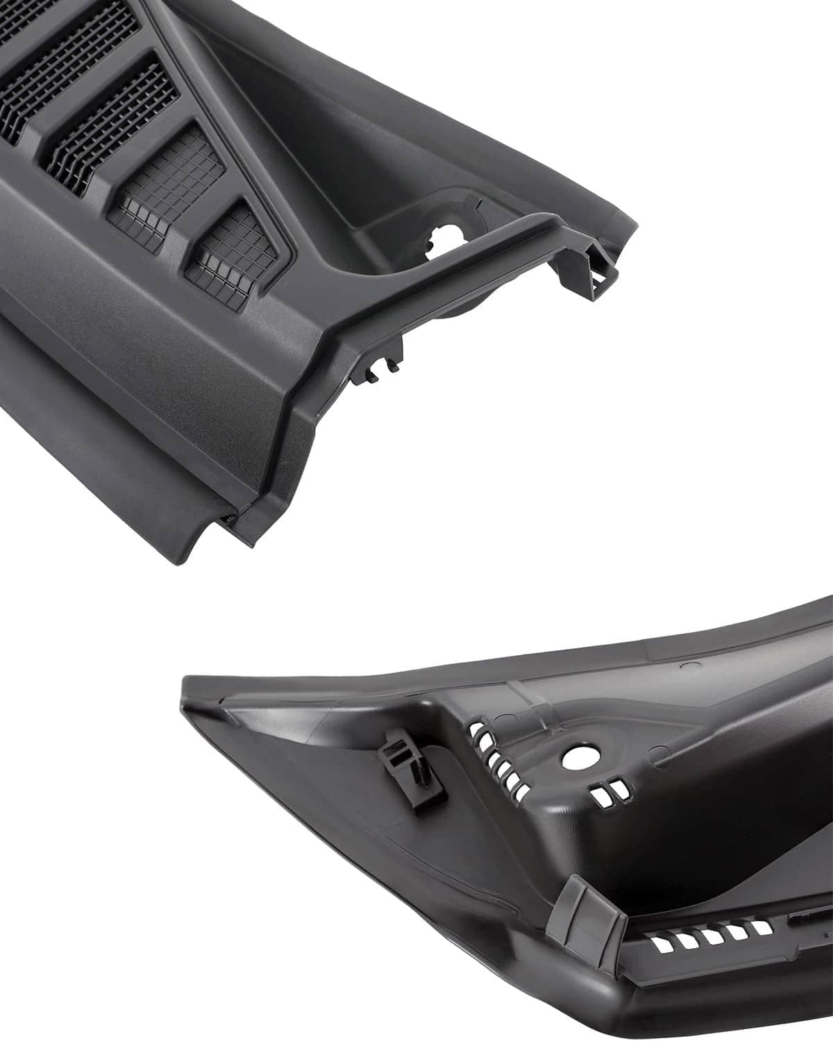 Black cowl panel close-up with side clips and underside mounting tabs