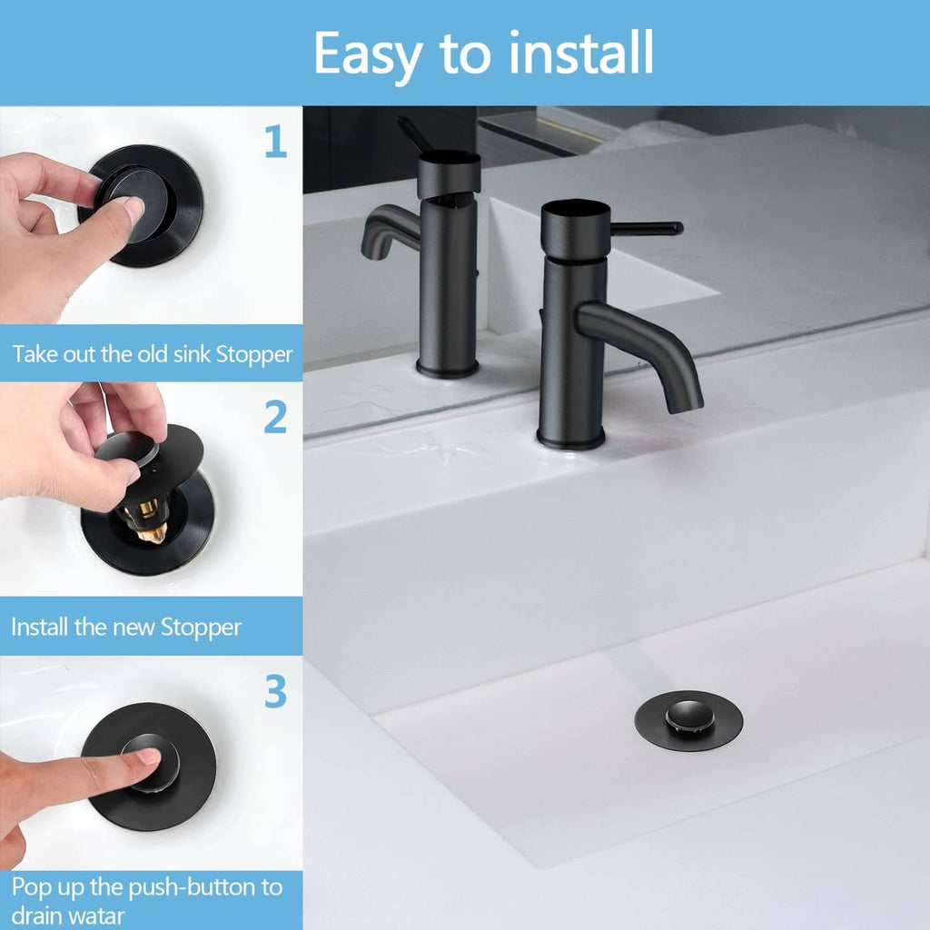 Matte black pop-up sink drain stopper being installed on a bathroom basin