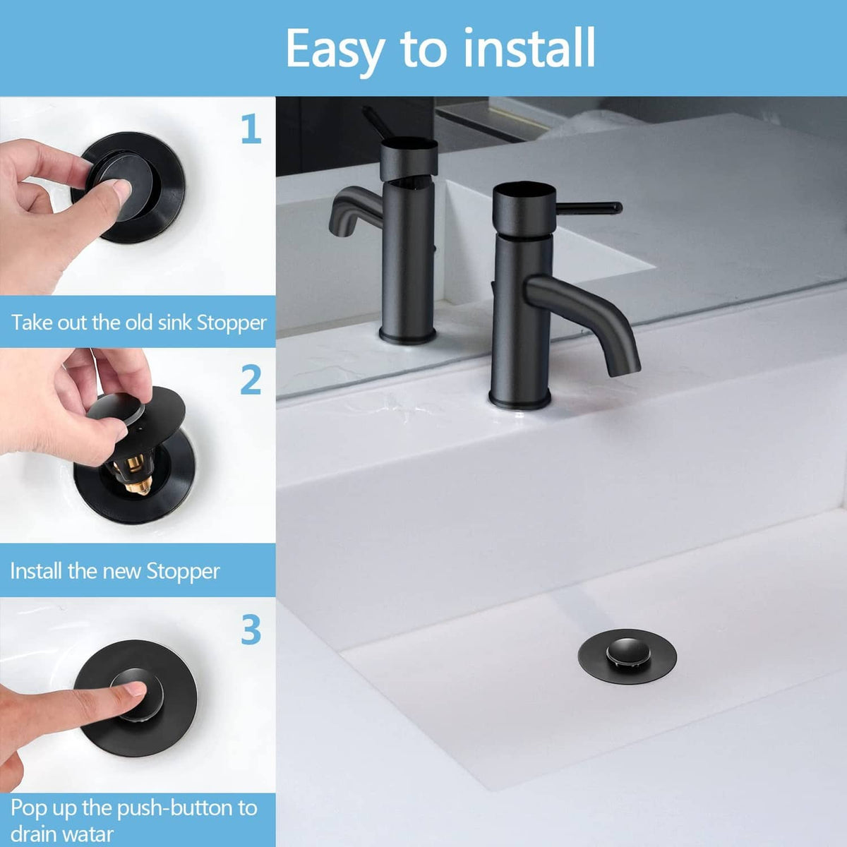Matte black pop-up sink drain stopper being installed on a bathroom basin