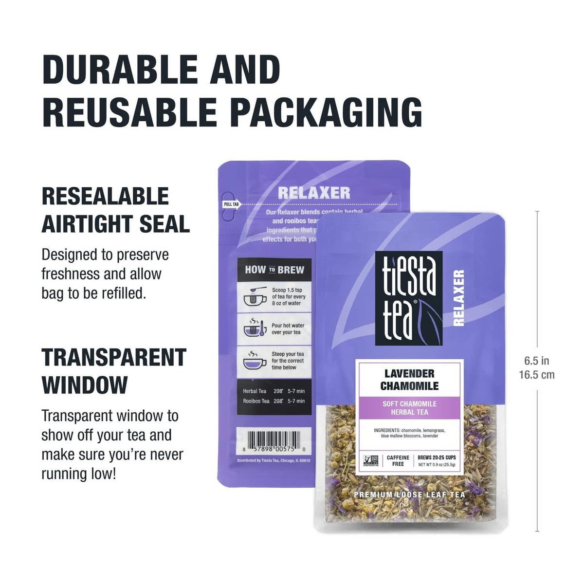 Lavender chamomile tea pouch with resealable seal and clear window packaging