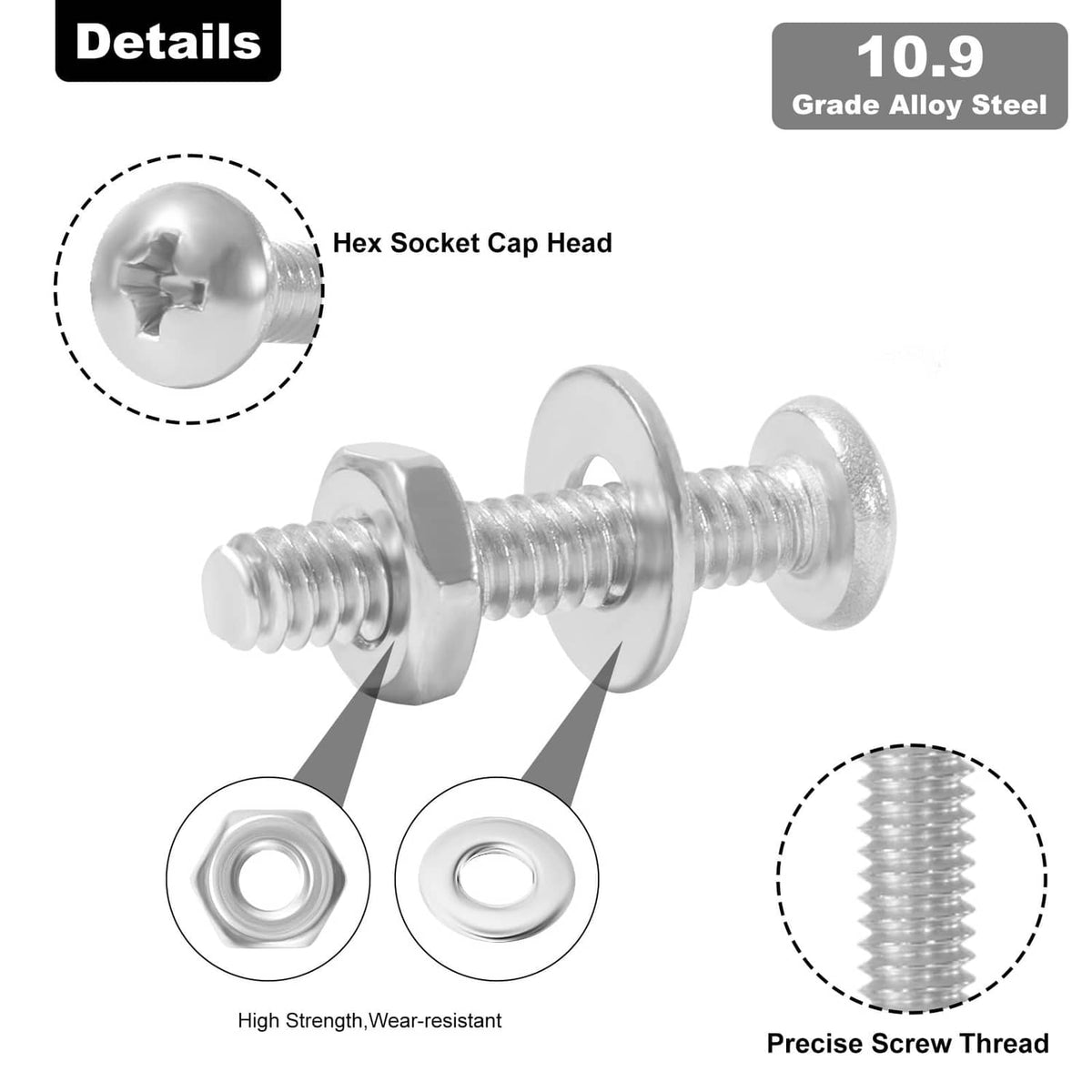 Stainless steel hex socket cap head screws with nuts and washers, silver thread close-up