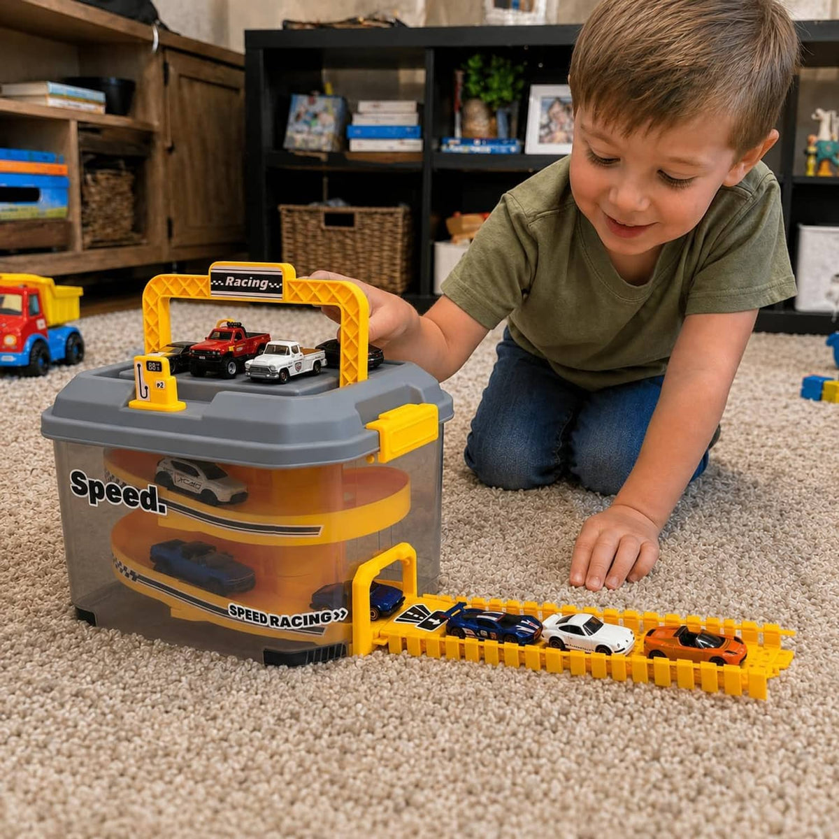 Car track storage playset with orange track and toy cars on floor during toddler play
