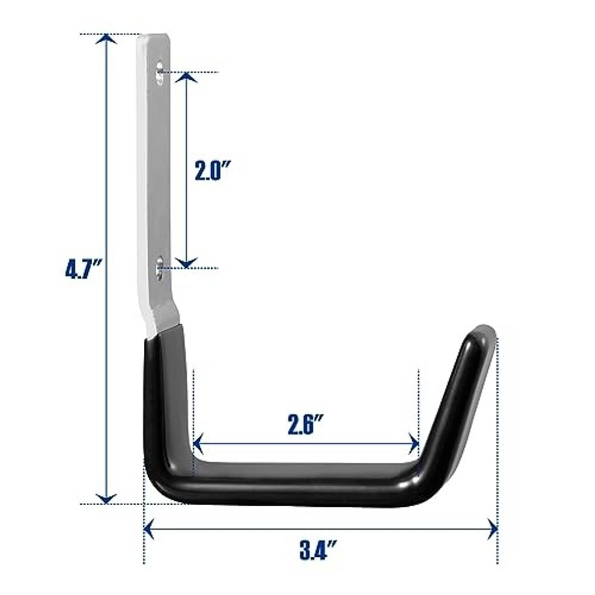 Steel garage hook, 4.7 in tall and 3.4 in wide, with black anti-slip PVC