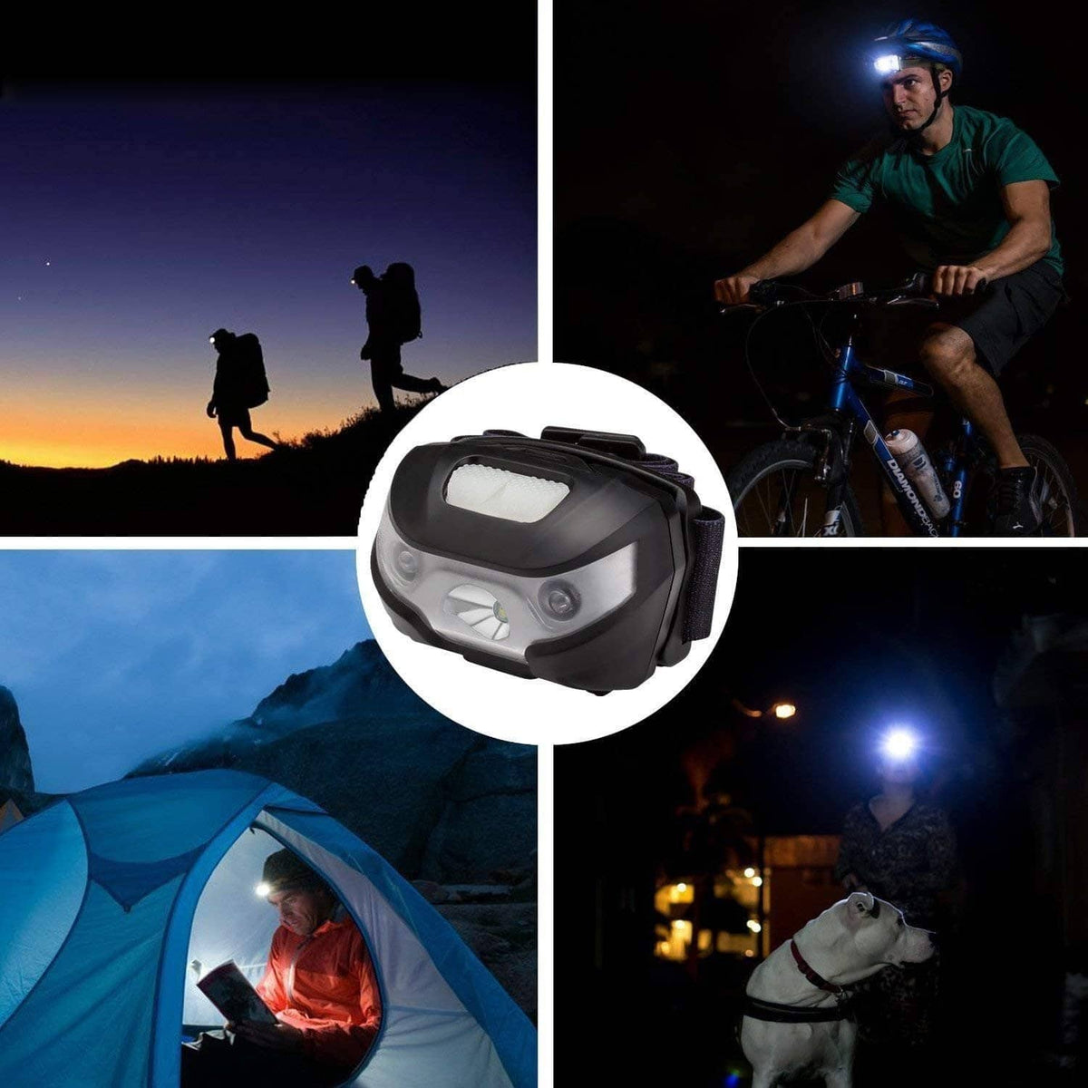 Rechargeable headlamp with front LEDs on, shown close-up with beam highlight
