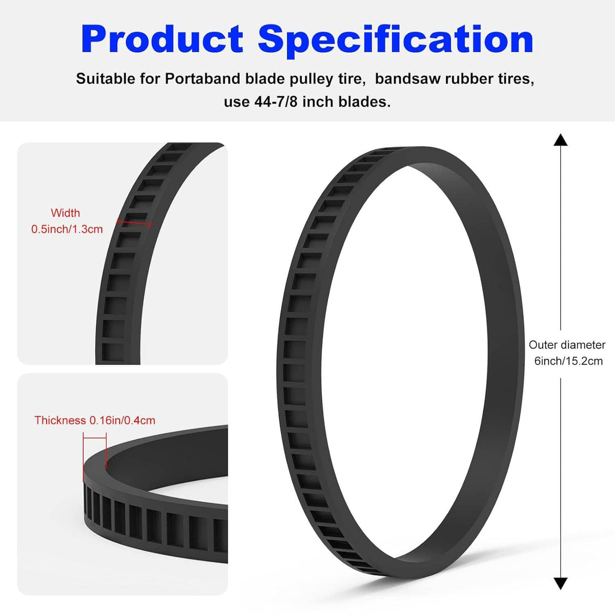 Black bandsaw pulley replacement tire, rubber belt ring with V-grooves and side ridges
