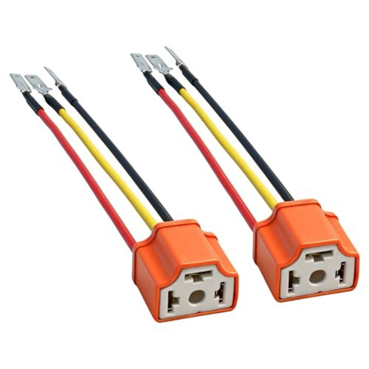 Pair of headlight socket wiring harness pigtails with orange housings and multicolor lead wires