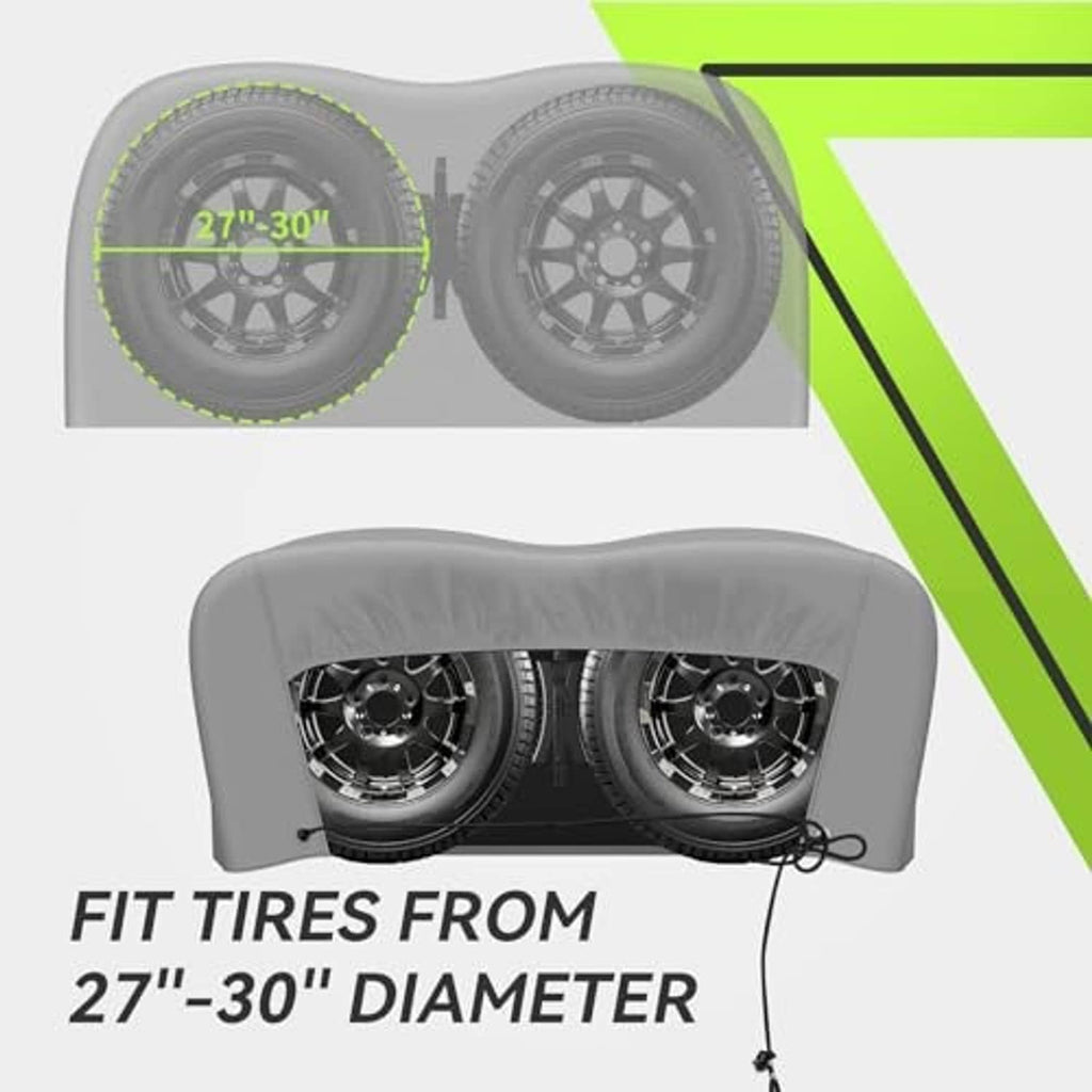 Grey dual axle tire cover for 27–30 in dual tires, with drawstring