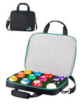 Padded billiard ball carry case, open top with 12 colorful pool balls inside