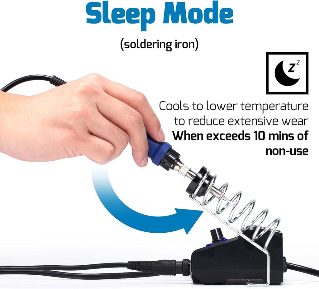 Soldering iron stored in holder with station cable connected; sleep mode shown