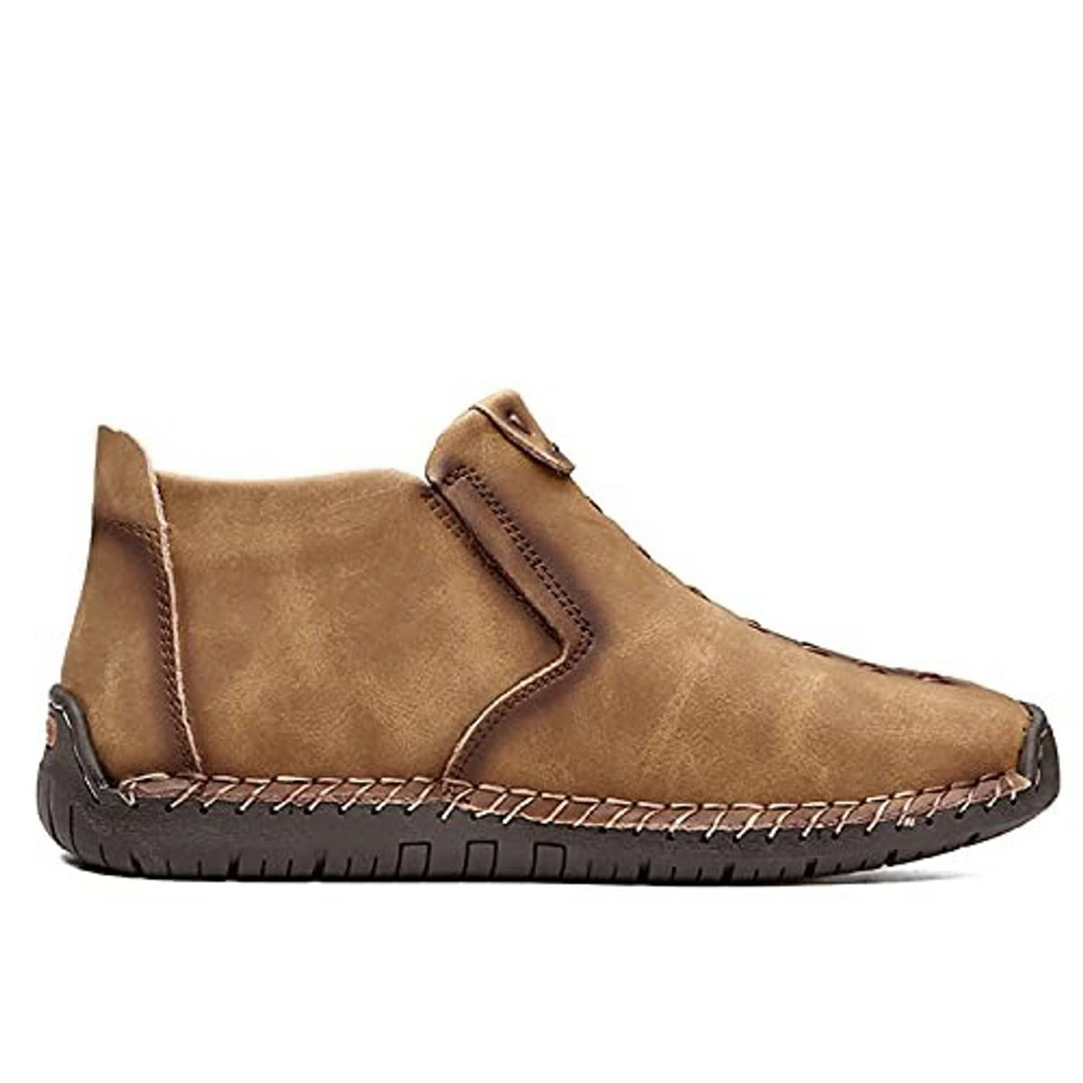 Men's tan chukka ankle boots, side profile with slip-on collar and rubber sole