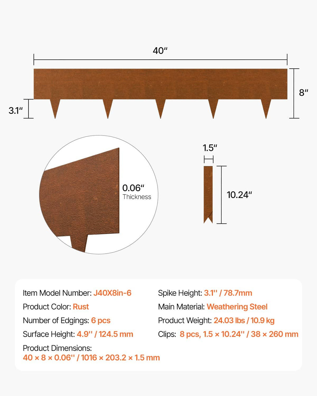 Rust-brown steel landscape edging border dimensions with 3.1 in sharp spikes