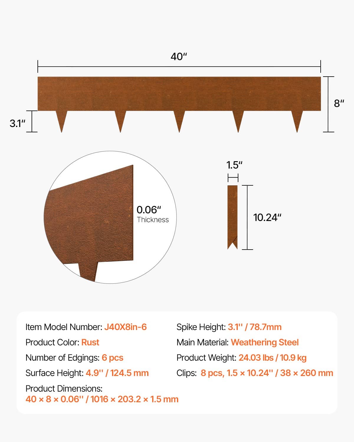 Rust-brown steel landscape edging border dimensions with 3.1 in sharp spikes
