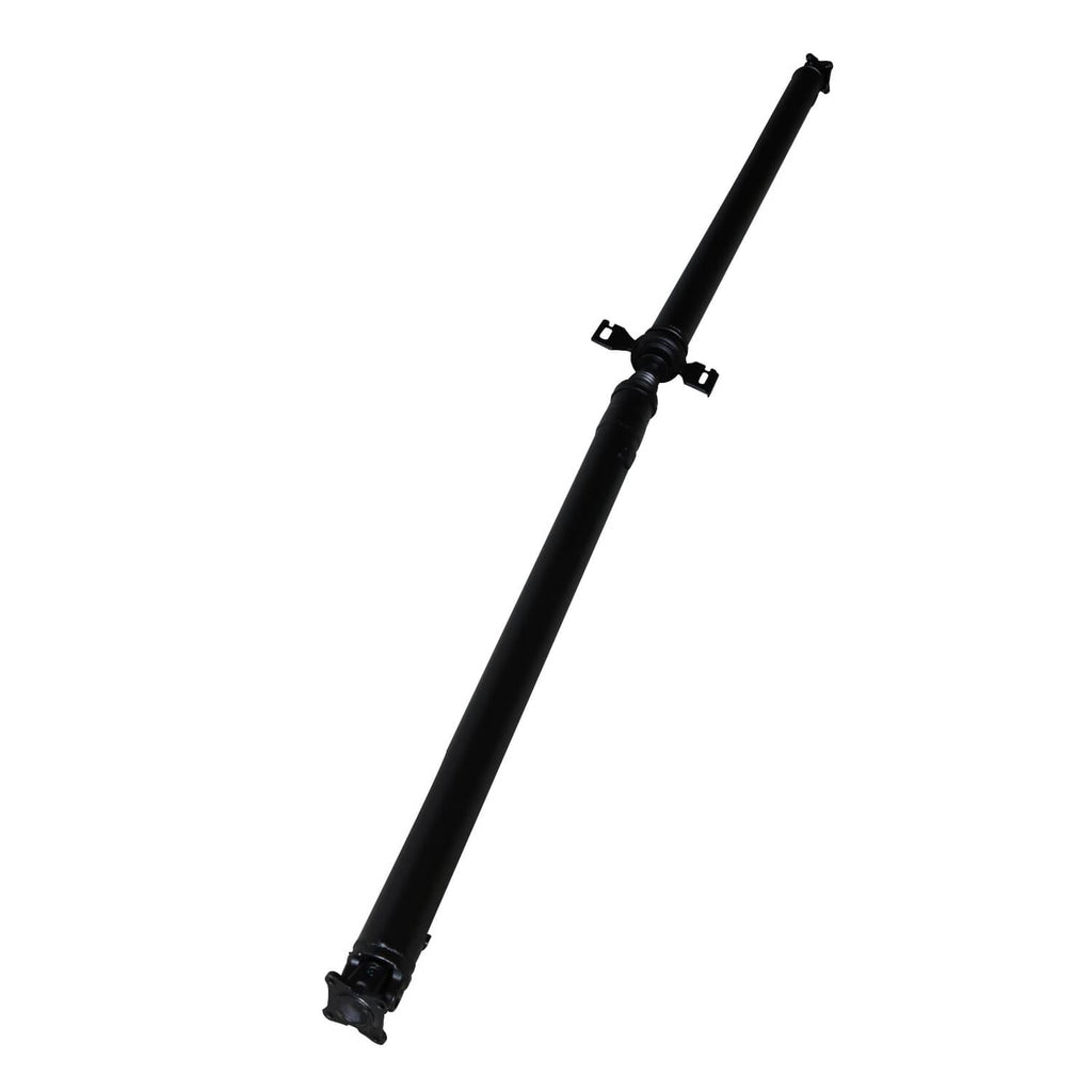 Black rear prop shaft with center mounting hardware and end caps.