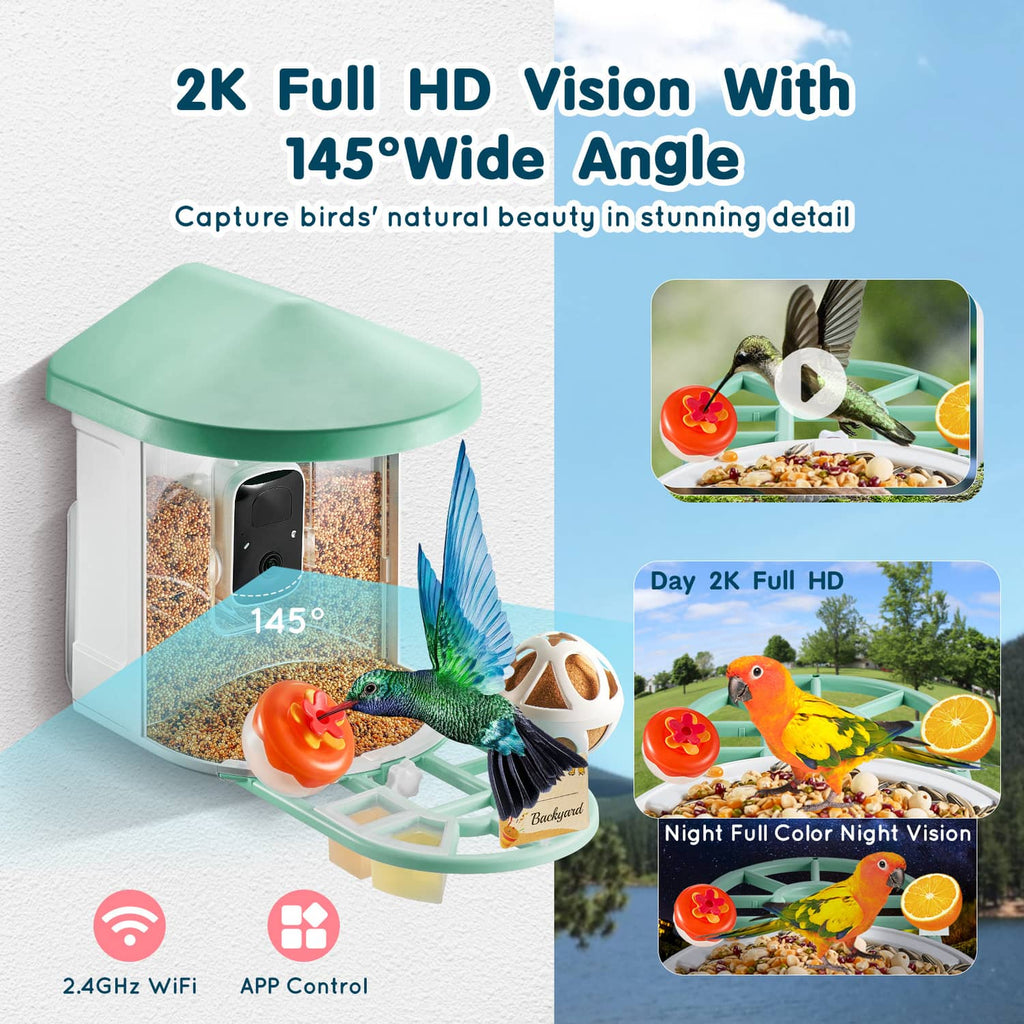 Smart bird feeder with mint roof, clear window, black camera module, and wide-angle view graphics.