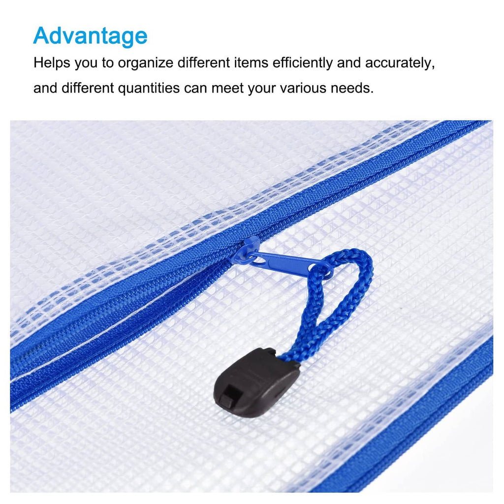 White mesh zipper pouch with blue zipper track and black cord pull tabs