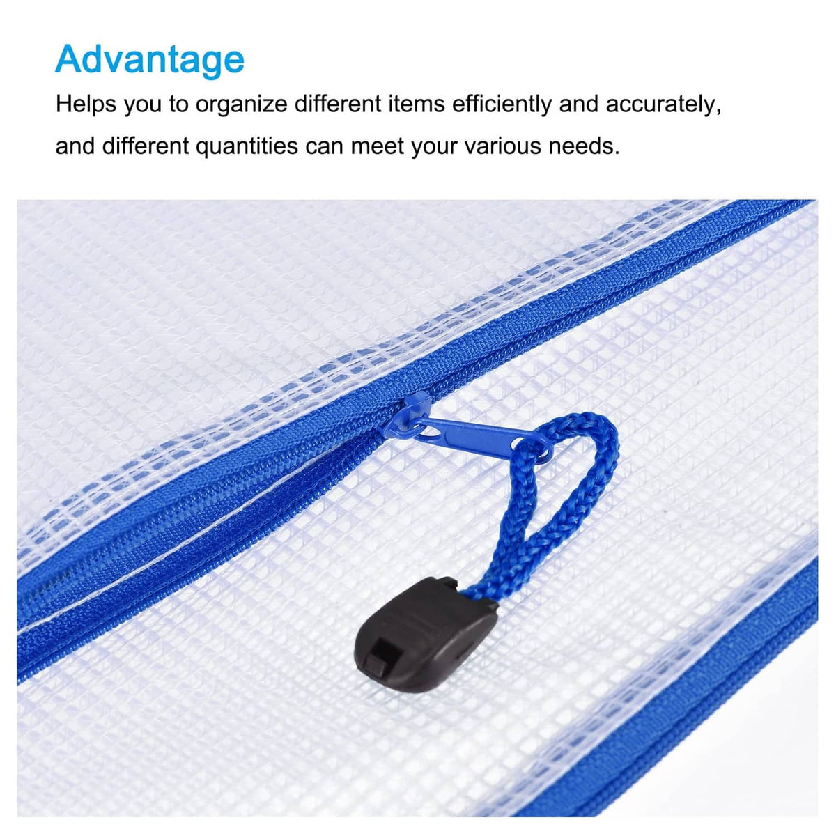 White mesh zipper pouch with blue zipper track and black cord pull tabs