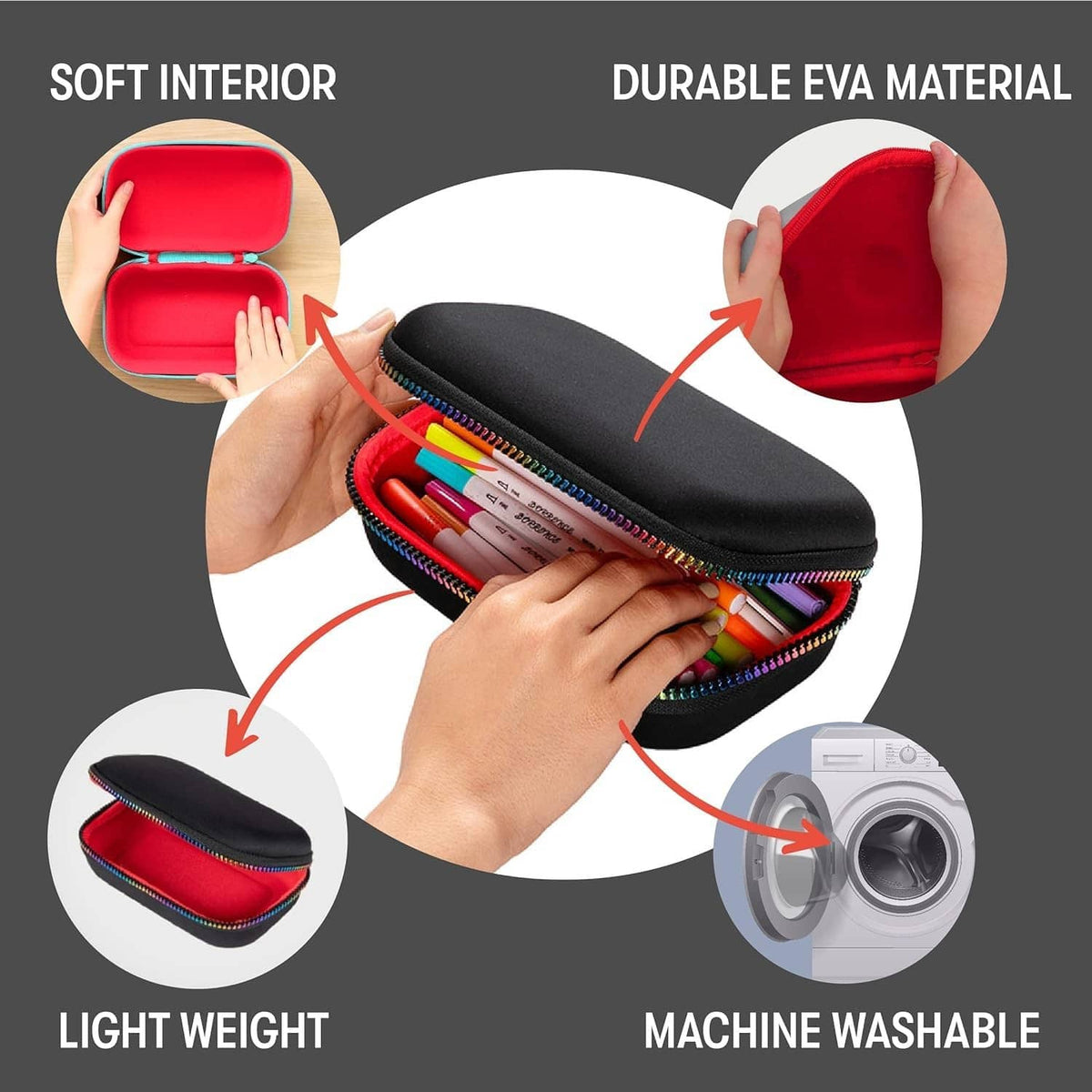 Black zippered pencil case with rainbow zipper; red soft interior.