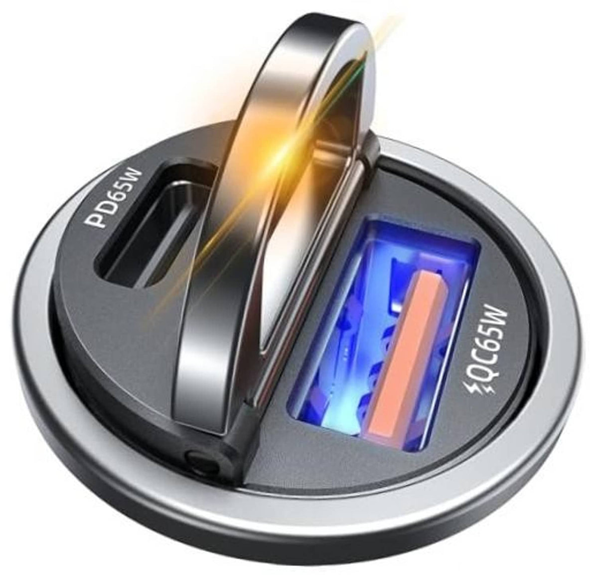 Car USB-C fast charger with two illuminated ports on a circular base