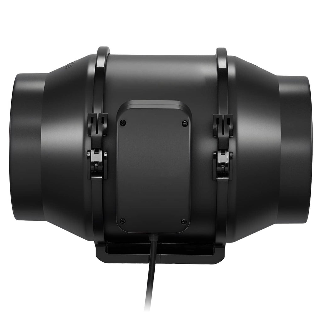 Black inline ventilation fan rear view with mounting plate and cable outlet