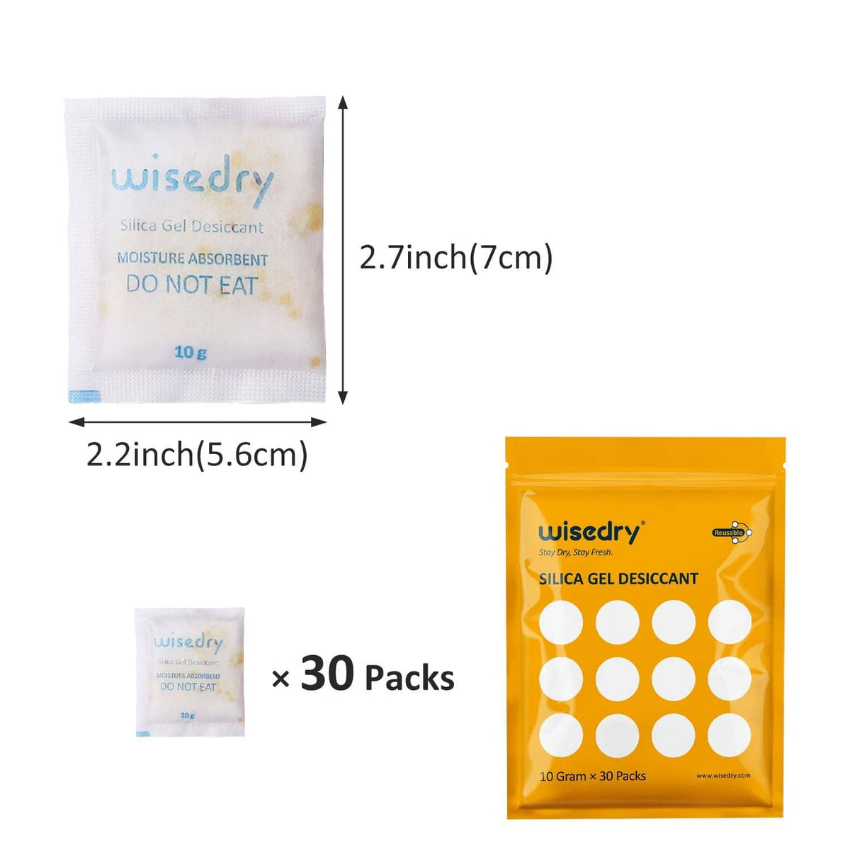 Wisedry silica gel desiccant packets with size measurements and 30-pack display
