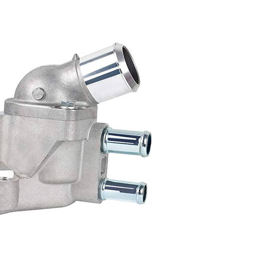 Water pump with thermostat, silver metal housing with outlet neck and mounting flange