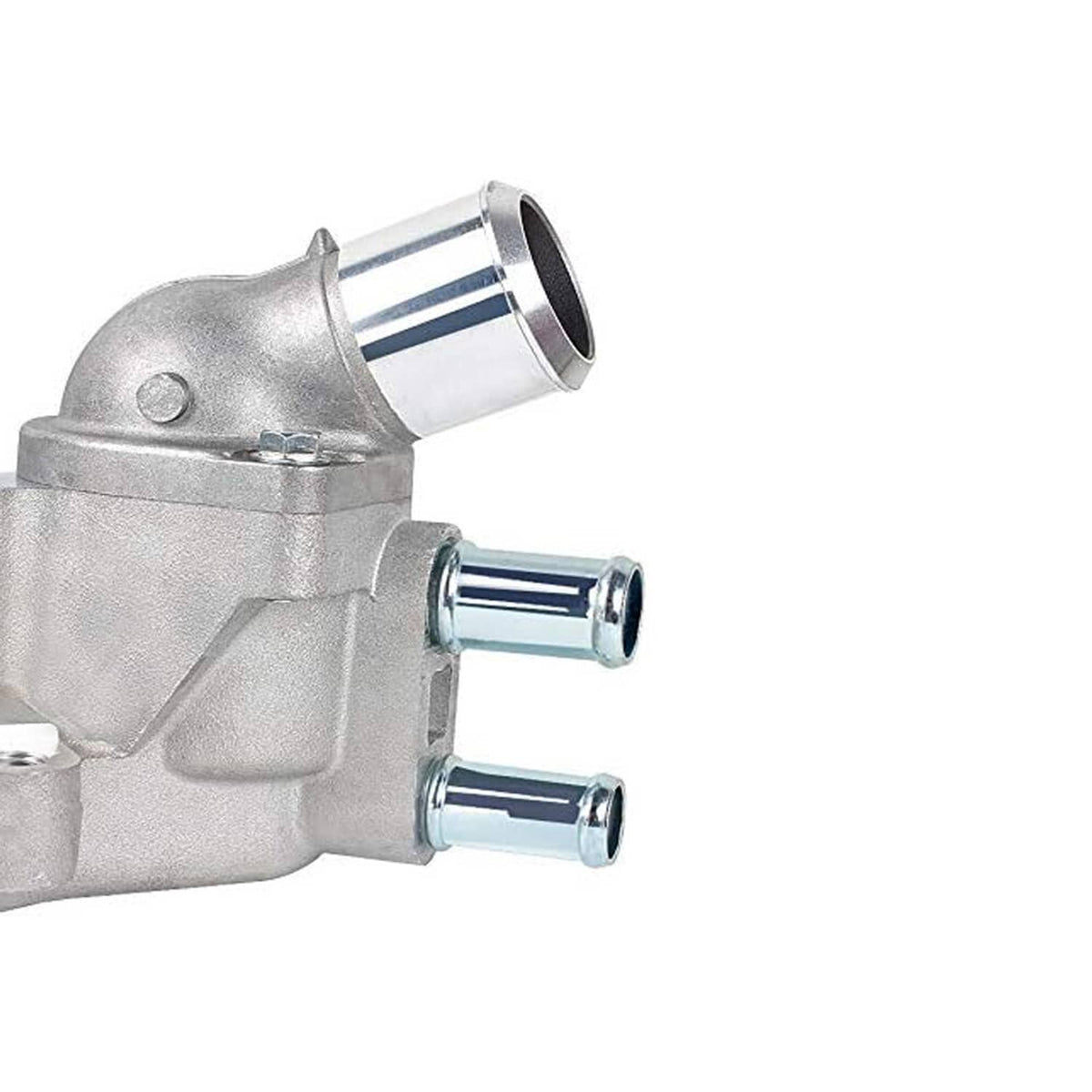 Water pump with thermostat, silver metal housing with outlet neck and mounting flange