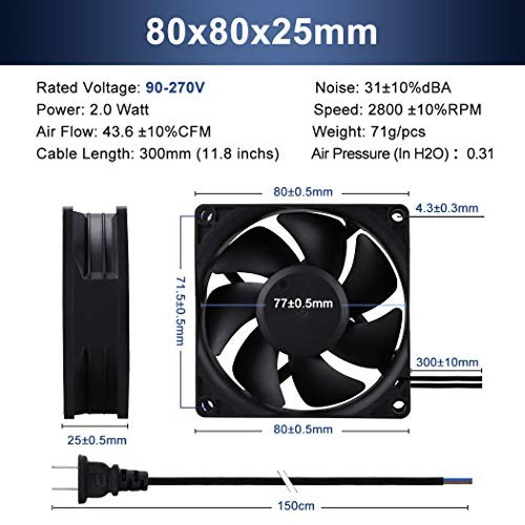 80mm x 80mm x 25mm axial fan with dimension diagram and 300mm power lead