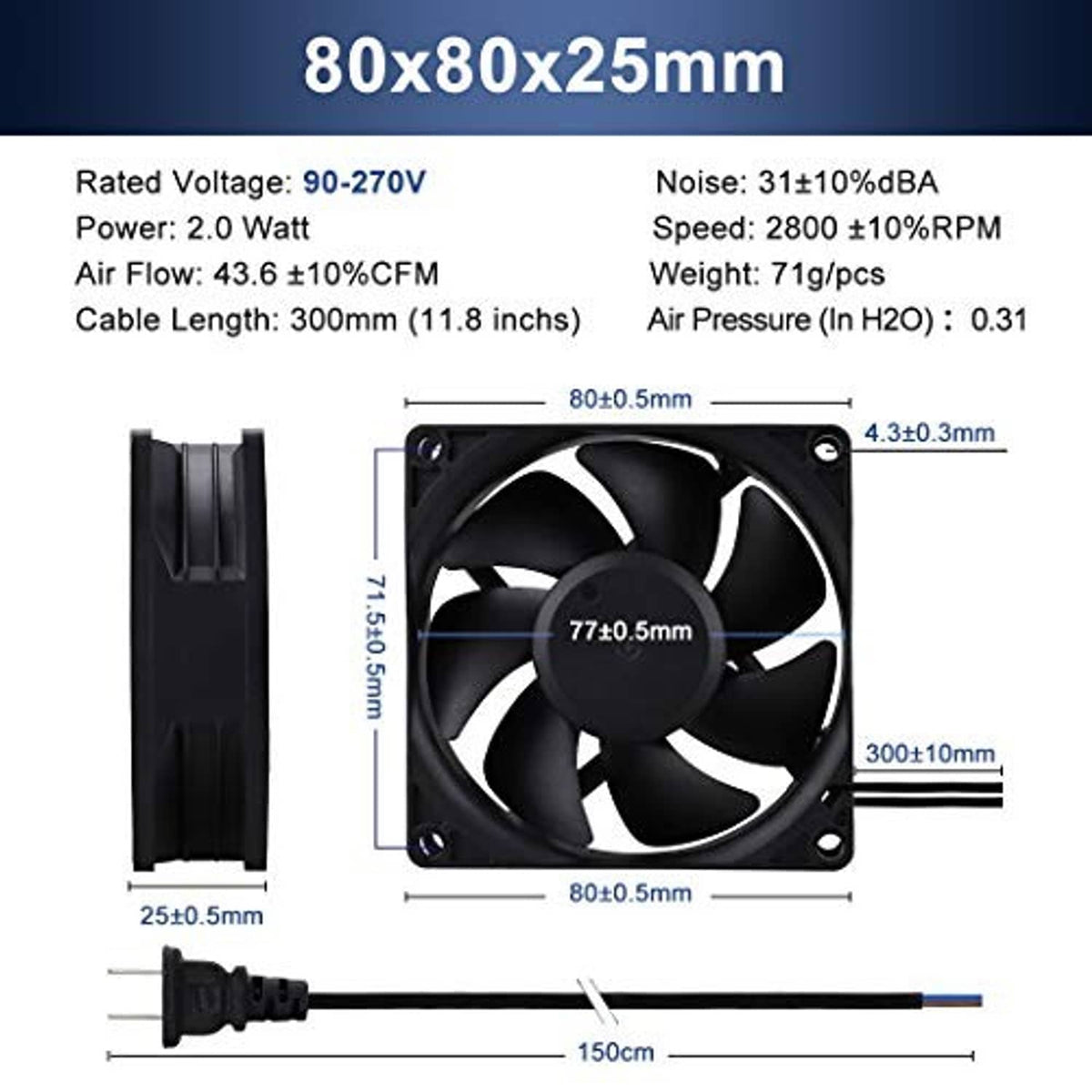 80mm x 80mm x 25mm axial fan with dimension diagram and 300mm power lead