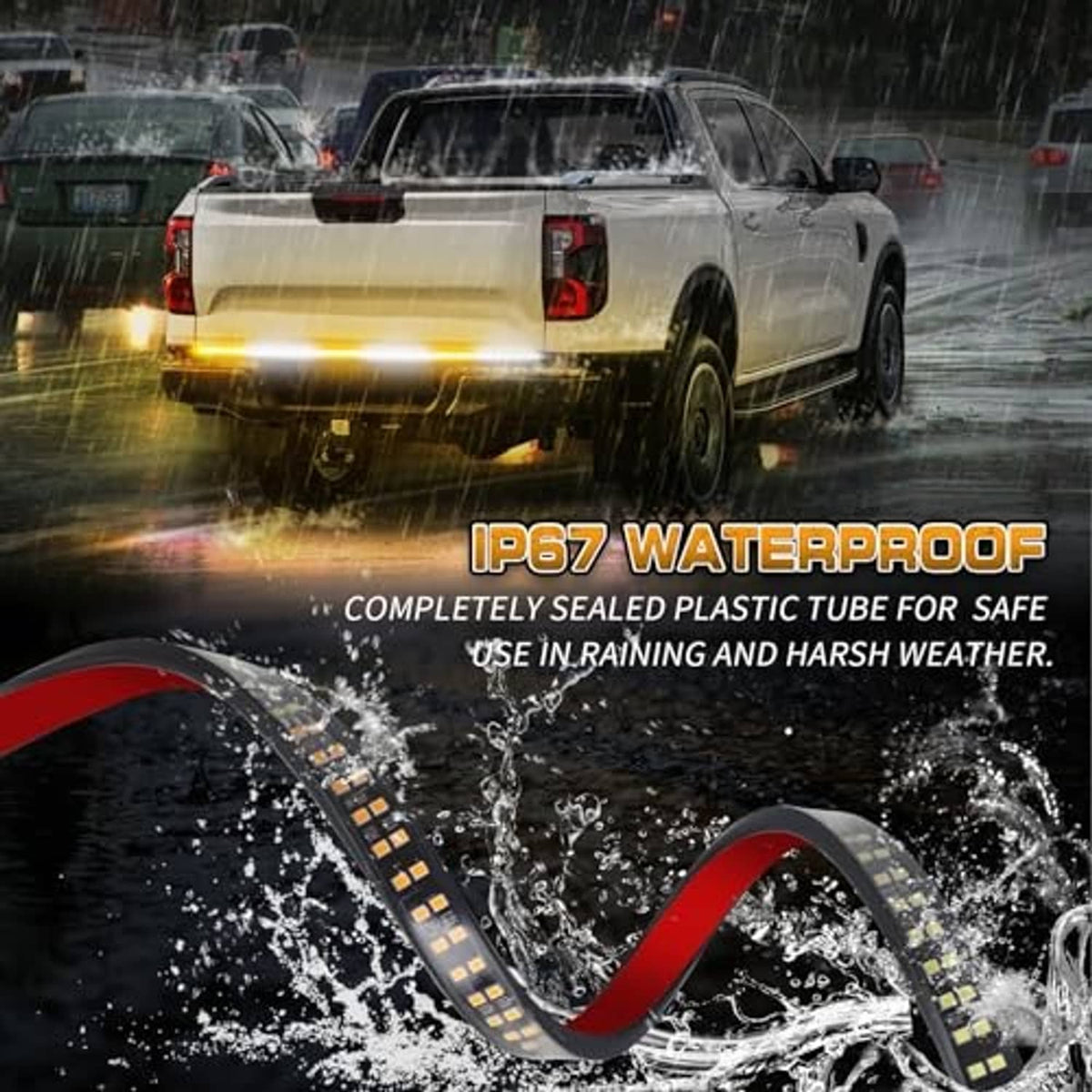 Amber/white strobe light strip shown in rain with spray and splashes on LEDs