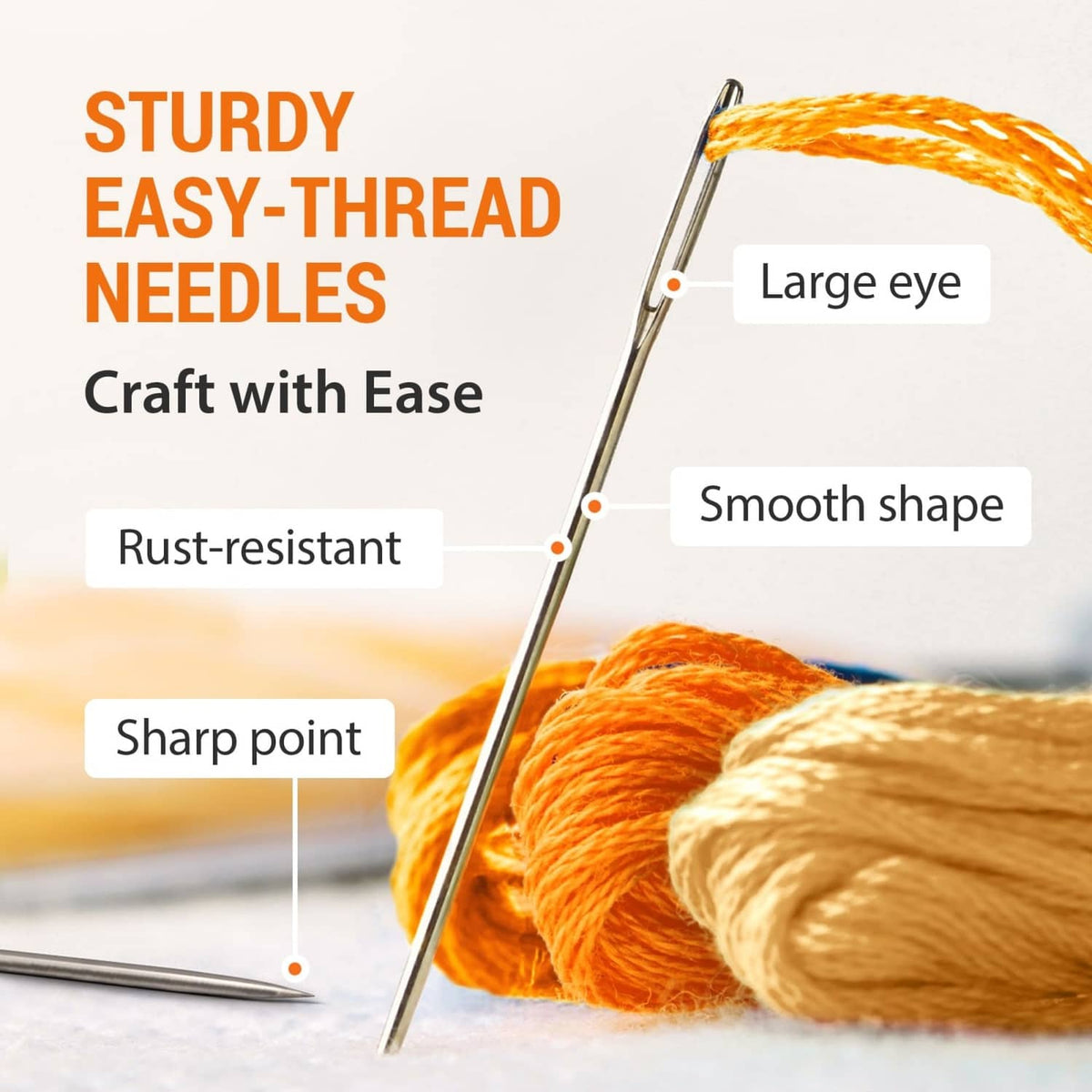 Large-eye sewing needle with rust-resistant design next to embroidery thread